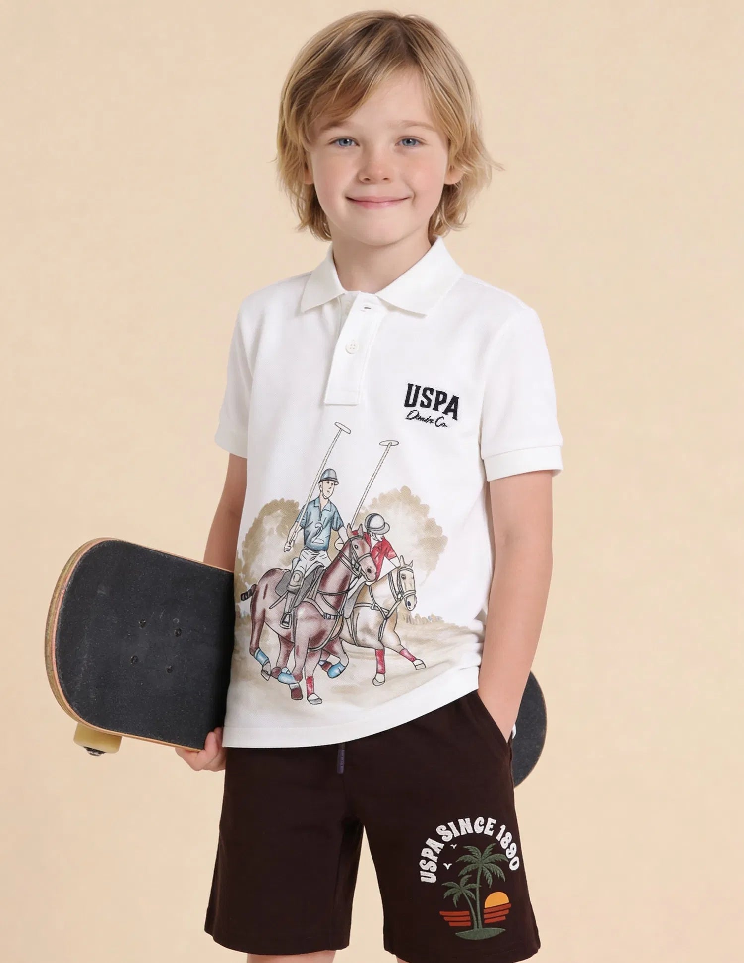 Boys Off White Cotton Graphic Print Regular Fit Polo Shirt