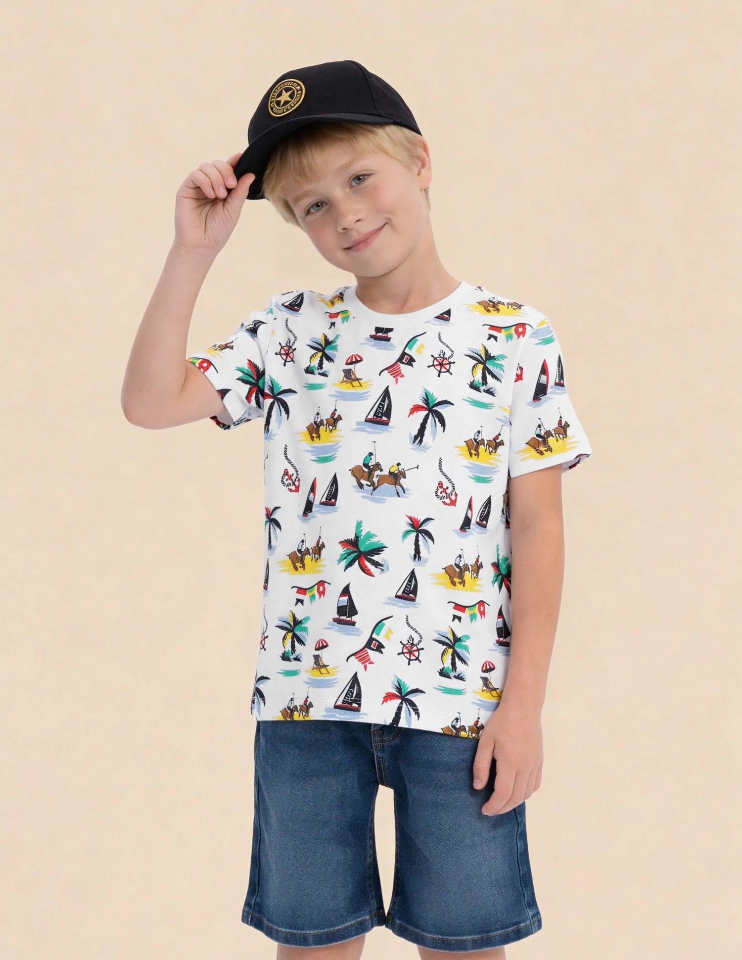 Boys White Cotton All Over Graphic Regular Fit T-Shirt