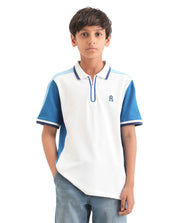 Boys Off White Embroidered Zipper Polo