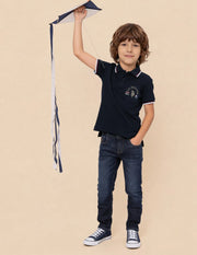 Boys Navy Cotton Graphic Print Regular Fit Polo Shirt