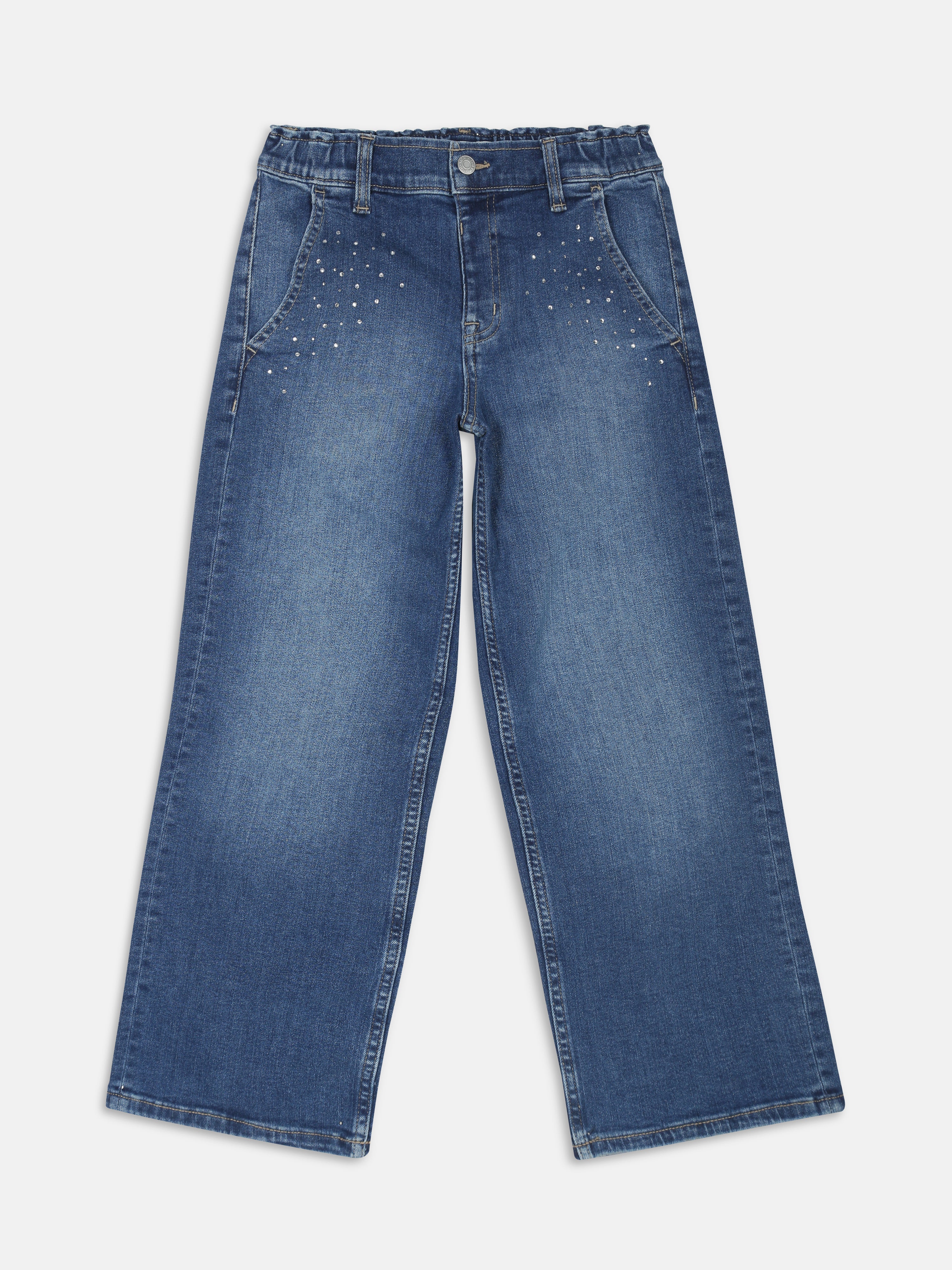Girls Blue Wide Fit Cotton Blend Faded Denim Jeans