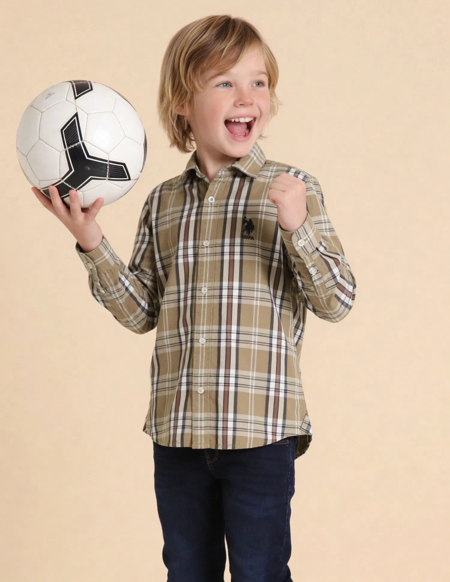 Boys Plaid Checked Cotton Twill Shirt – Regular Fit