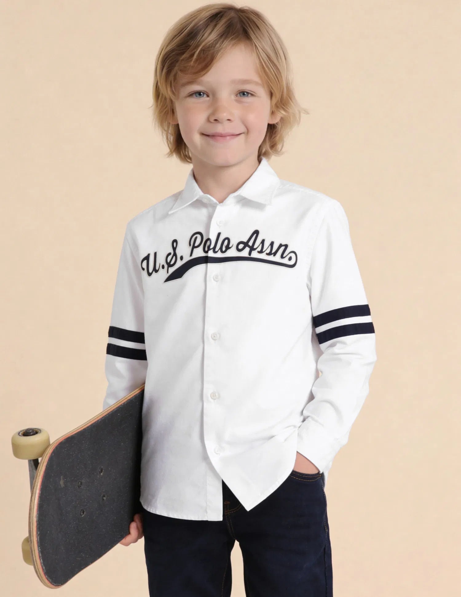 Boys White Logo Printed Cotton Oxford Shirt – Regular Fit