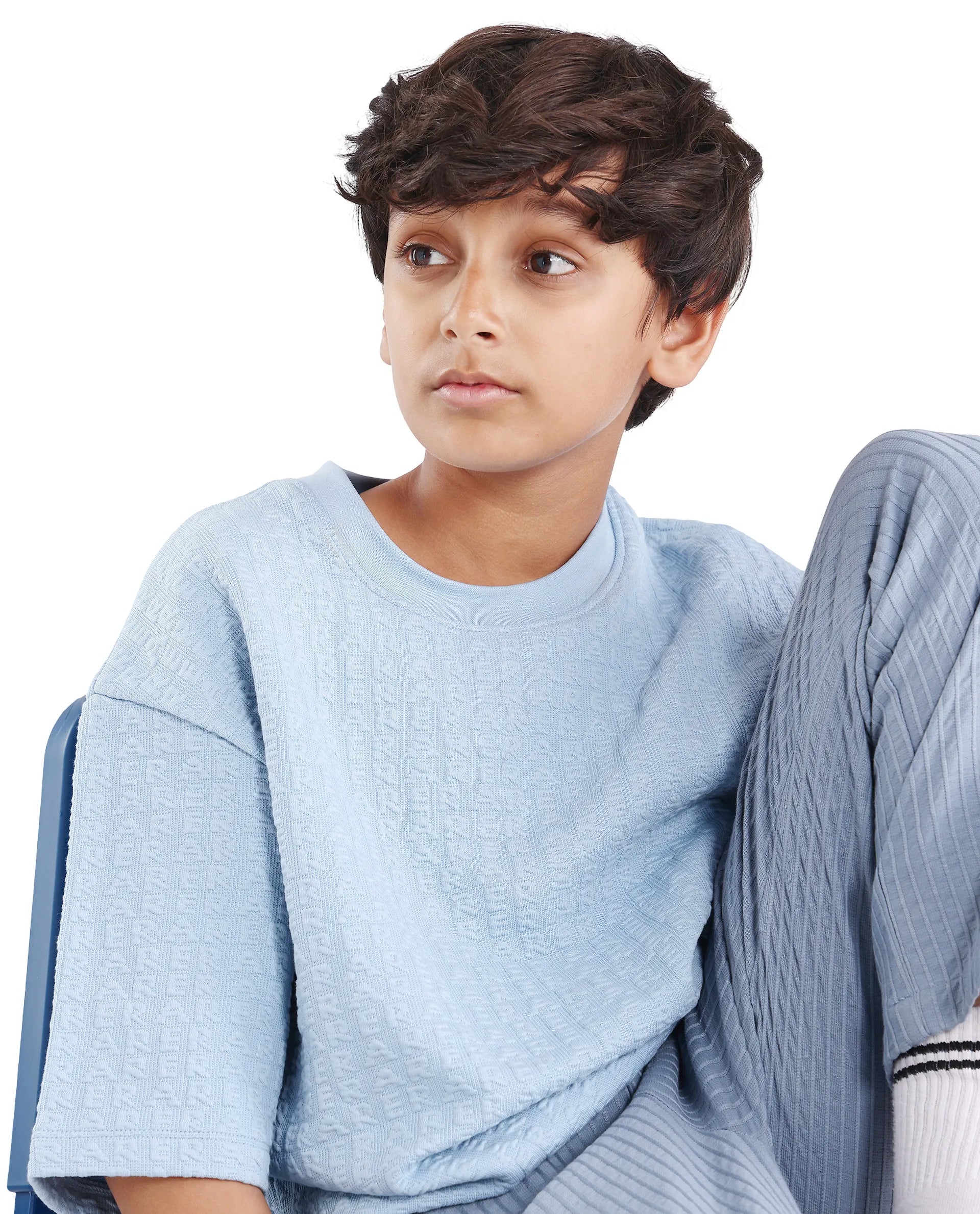 Boys Blue Jacquard Oversized Polyester Blend T-Shirt