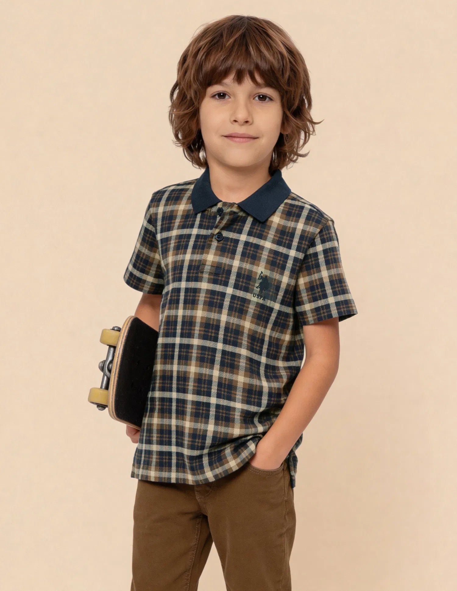 Boys Navy Cotton Checked Regular Fit Polo Shirt