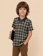 Boys Navy Cotton Checked Regular Fit Polo Shirt