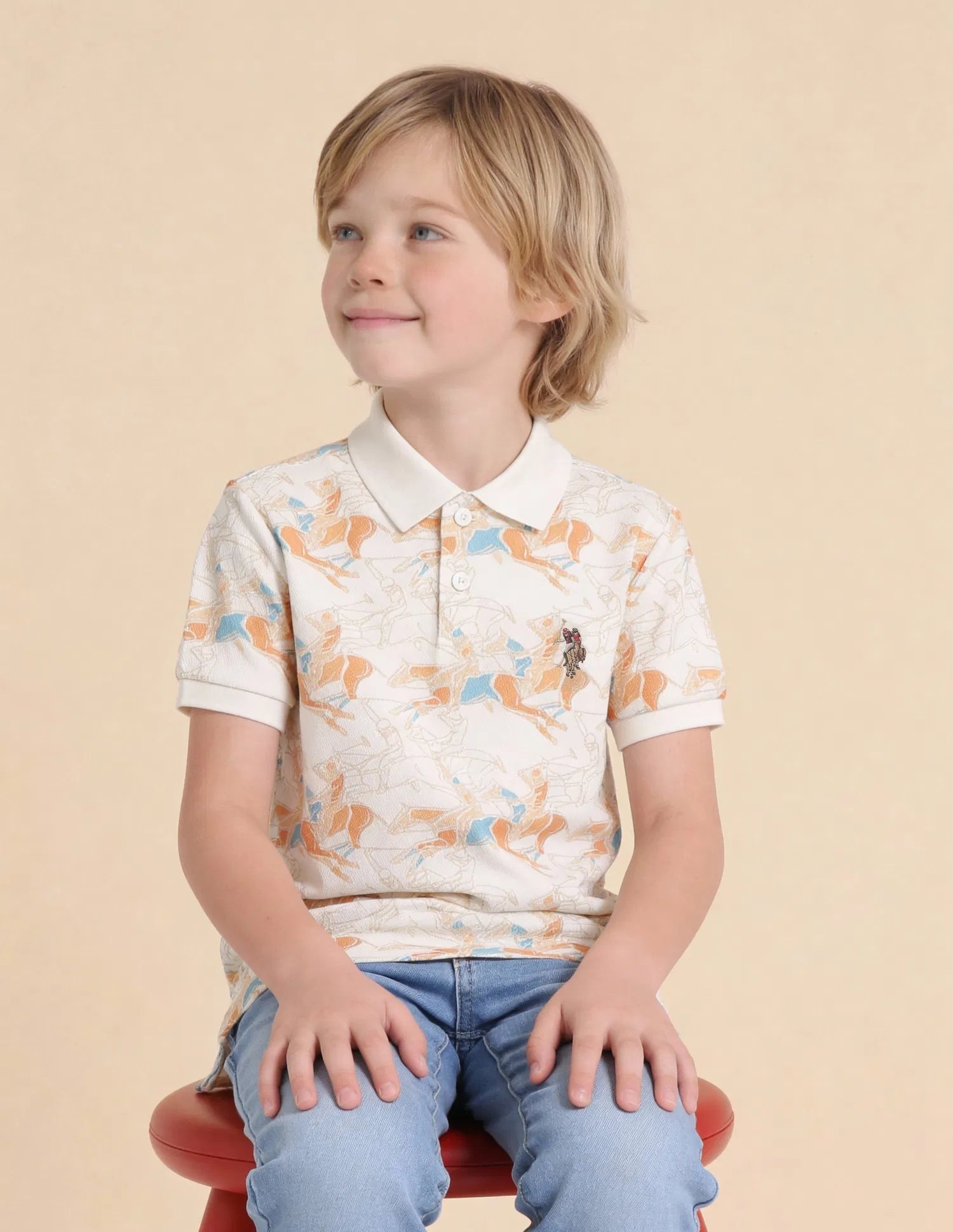 Boys Off White Cotton Graphic Print Regular Fit Polo Shirt
