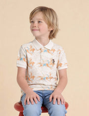 Boys Off White Cotton Graphic Print Regular Fit Polo Shirt