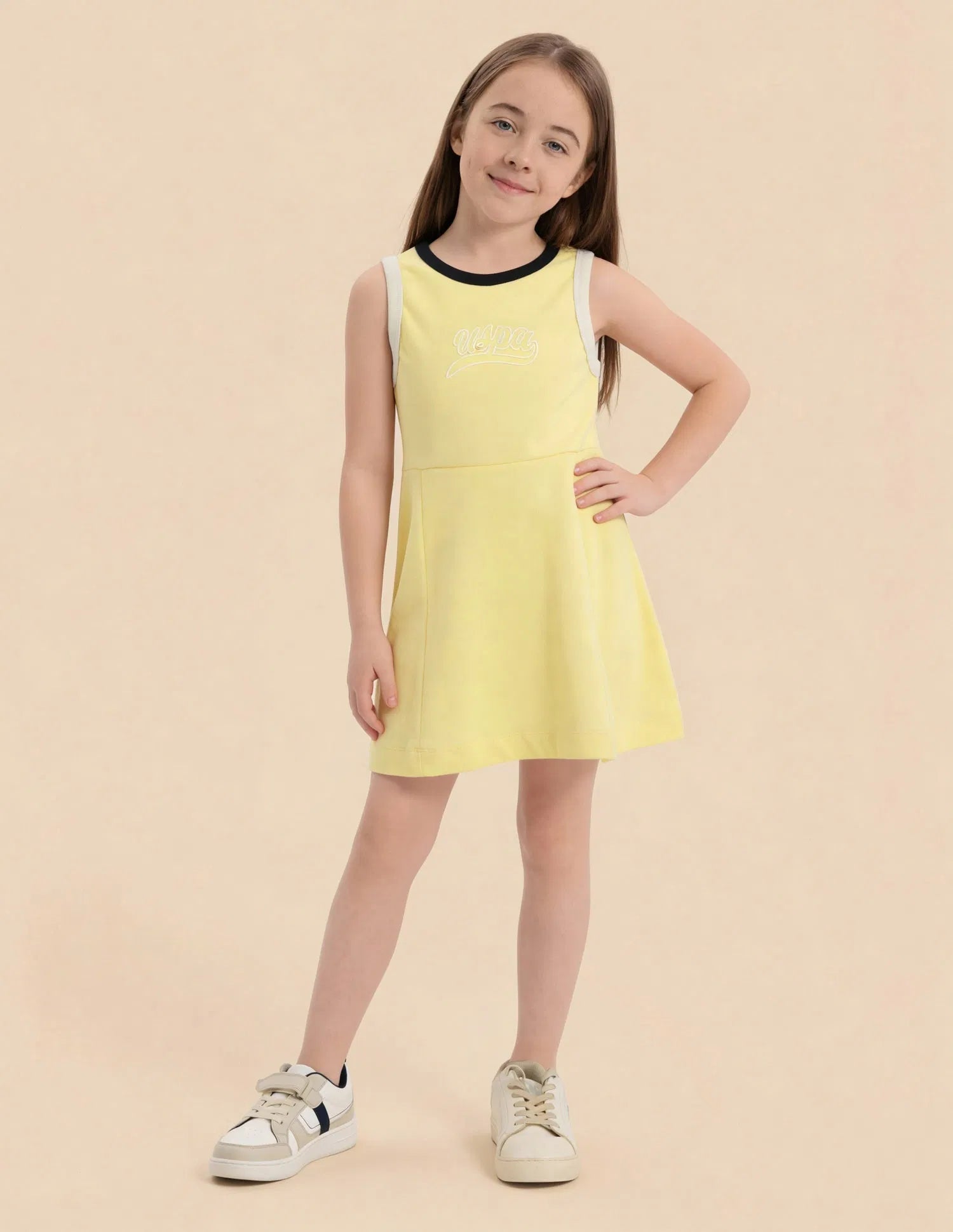 Girls Yellow Cotton Contrast Rib Skater Dress