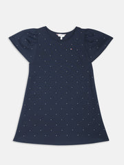 Girls Blue Embellished Knee-Length Regular Fit Knit Dress