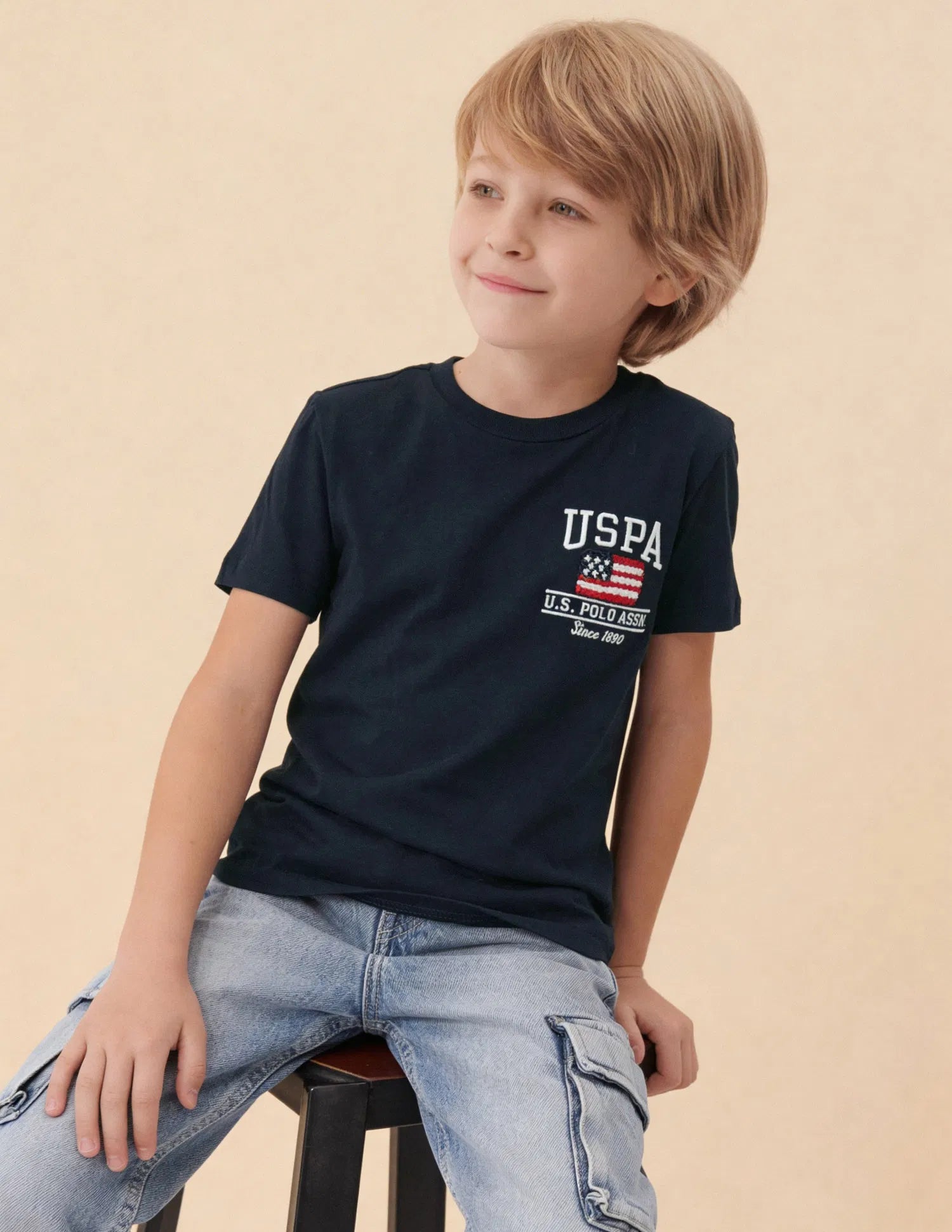 Boys Navy Cotton Brand Logo Regular Fit T-Shirt