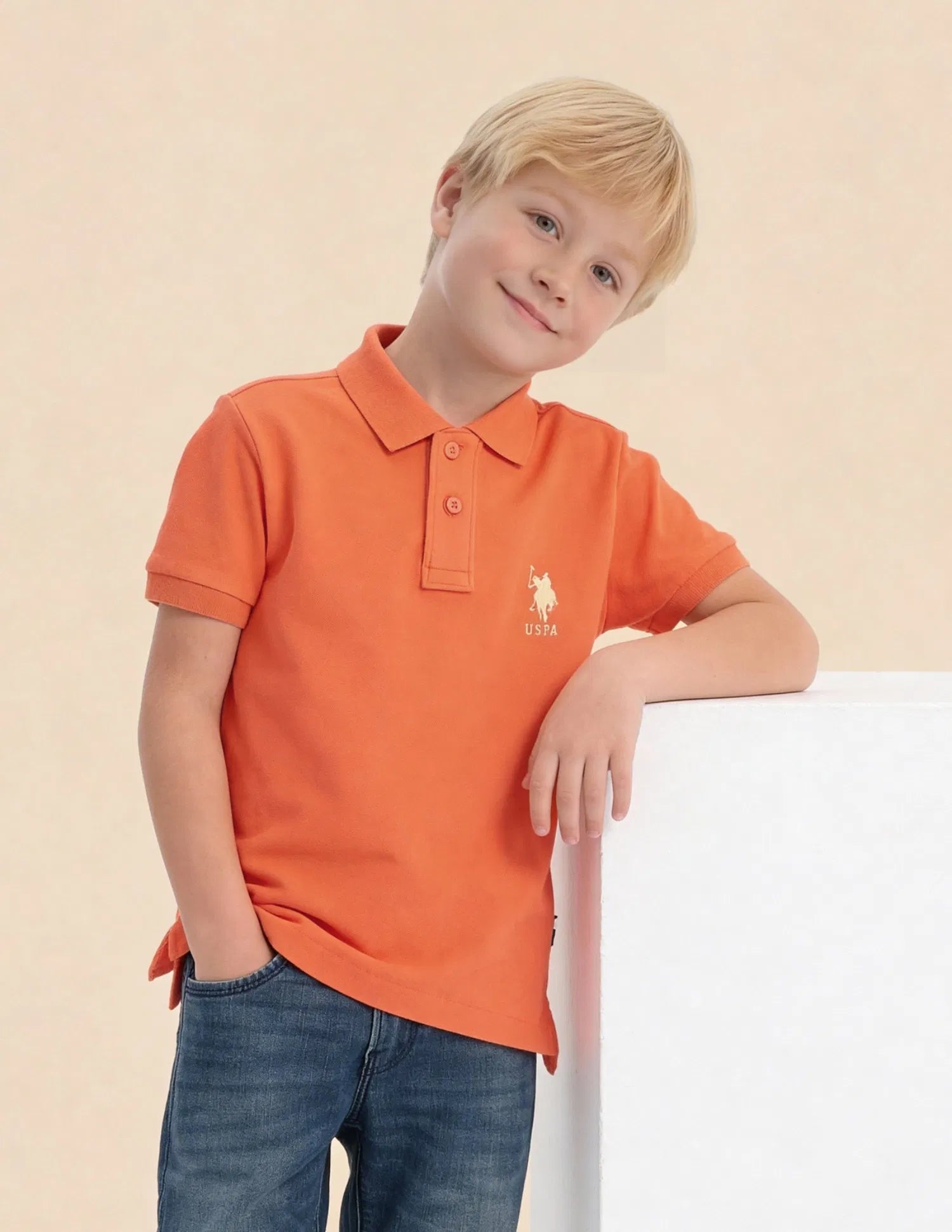Boys Orange Cotton Blend Solid Regular Fit Polo Shirt