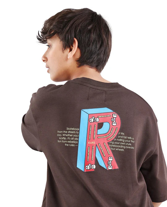 Rare Ones Boys Dark Brown Puff Print Boxy Cotton T-Shirt