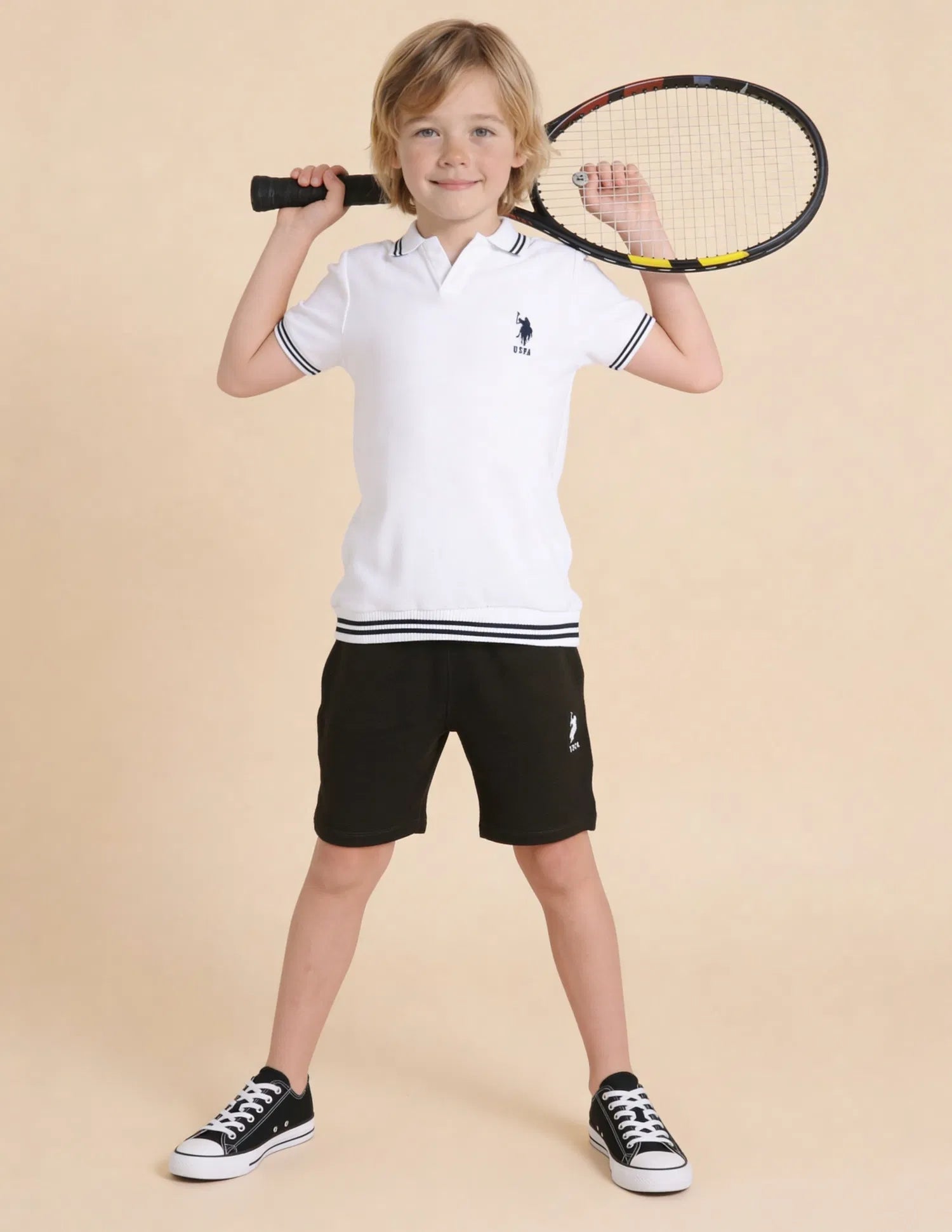 Boys White Cotton Logo Print Regular Fit Polo Shirt