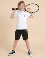Boys White Cotton Logo Print Regular Fit Polo Shirt