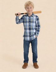 Boys Indigo Tartan Checked Cotton Twill Shirt – Regular Fit