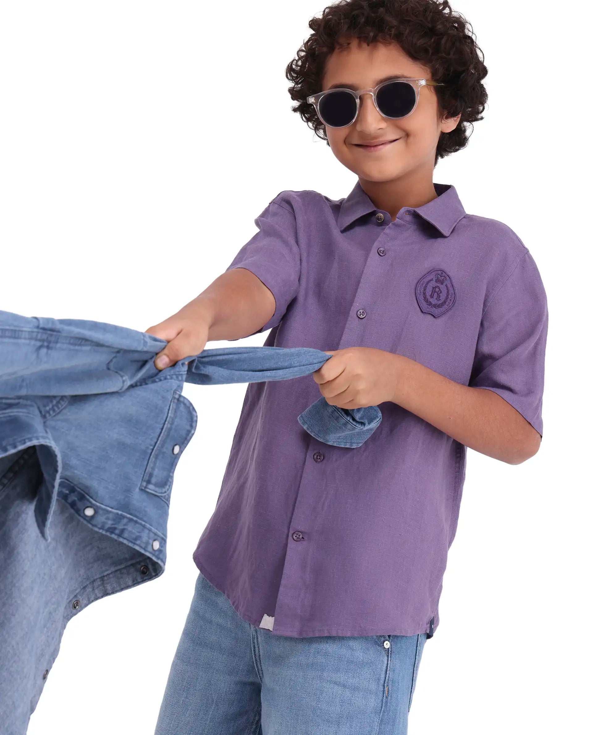 Boys Purple Linen Blend Regular Fit Shirt