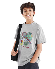 Boys Melange Grey Digital Print Regular Fit T-Shirt