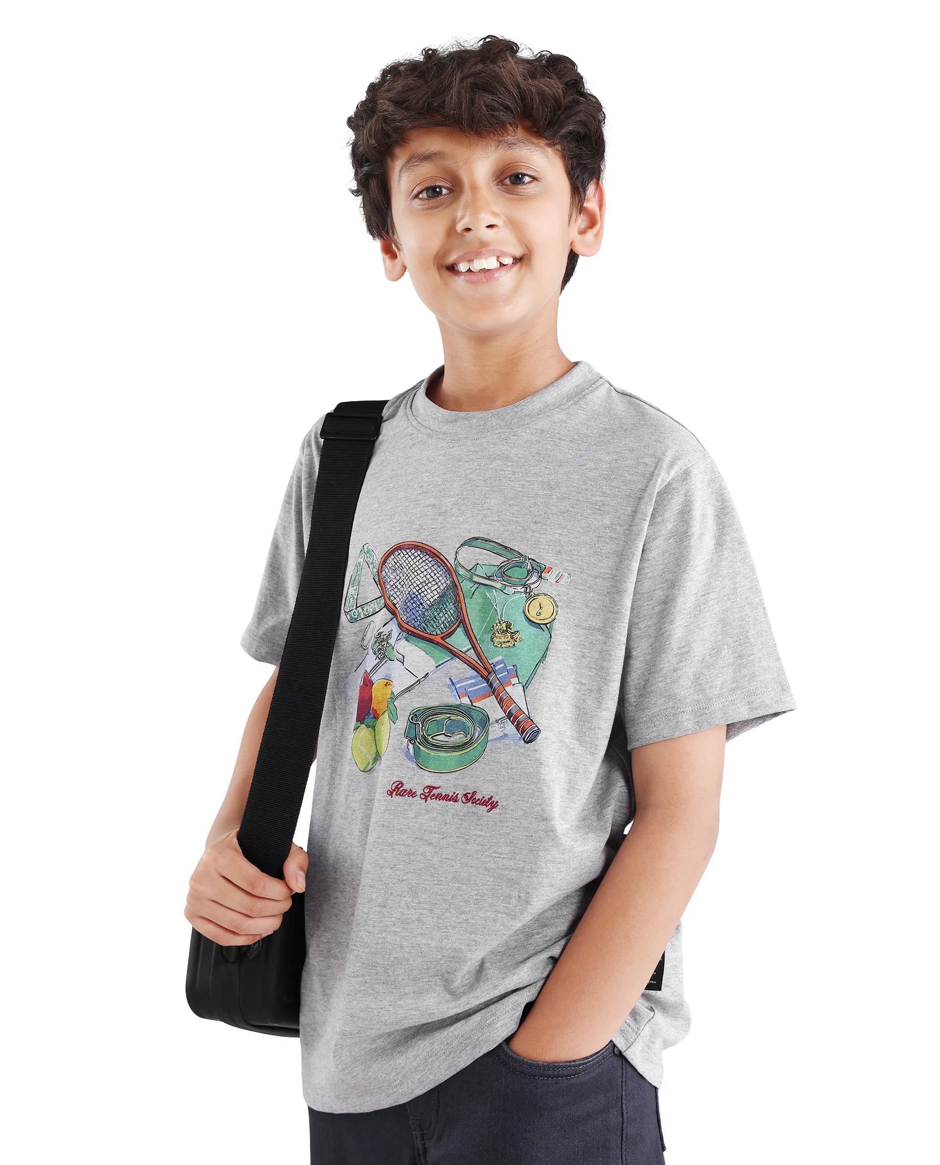 Boys Melange Grey Digital Print Regular Fit T-Shirt