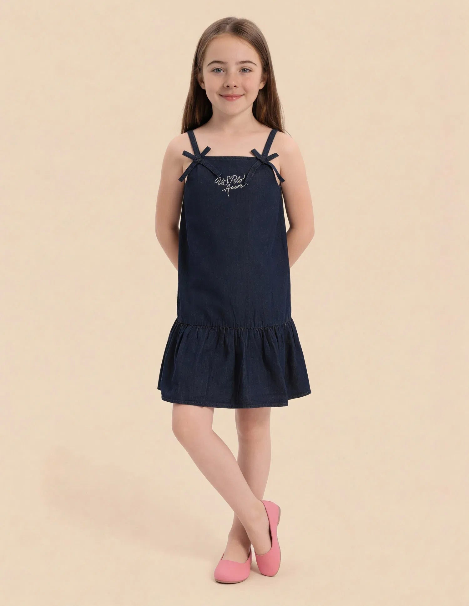 Girls Dark Blue Cotton Denim A-Line Strappy Dress