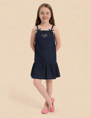 Girls Dark Blue Cotton Denim A-Line Strappy Dress