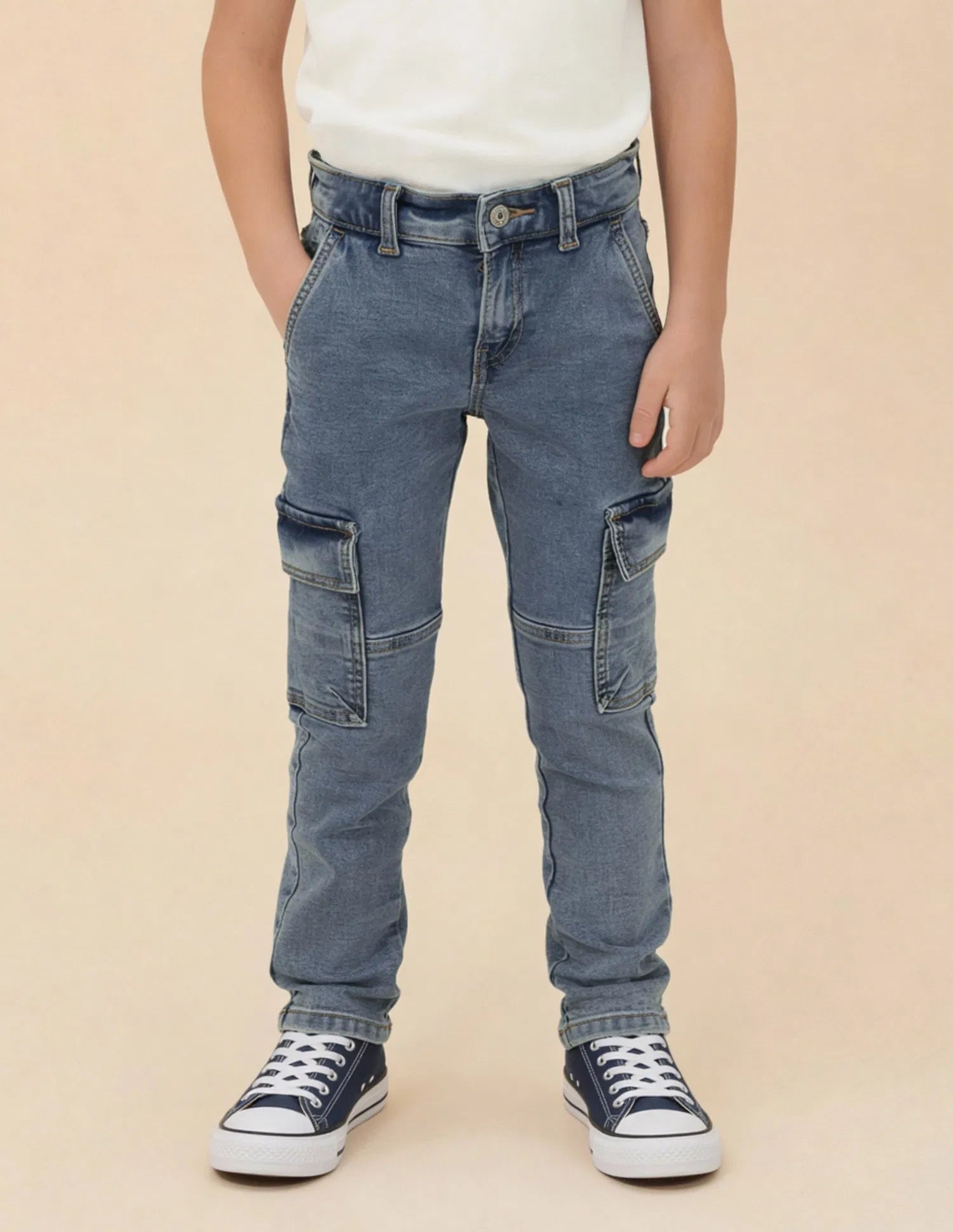 Boys Light Blue Cotton Slim Fit Cargo Jeans