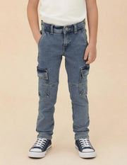 Boys Light Blue Cotton Slim Fit Cargo Jeans