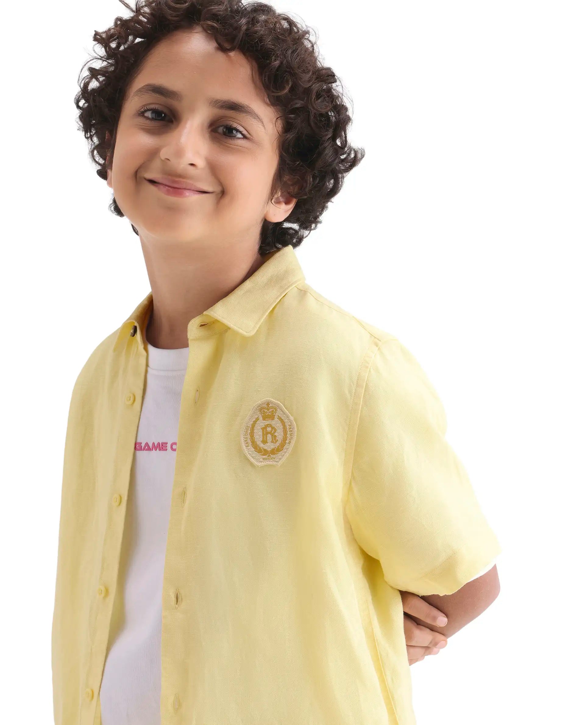 Boys Yellow Linen Blend Regular Fit Shirt