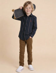Boys Navy Vertical Striped Cotton Shirt – Regular Fit
