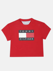 Girls Red Logo Cotton Stretch Casual Knit Top