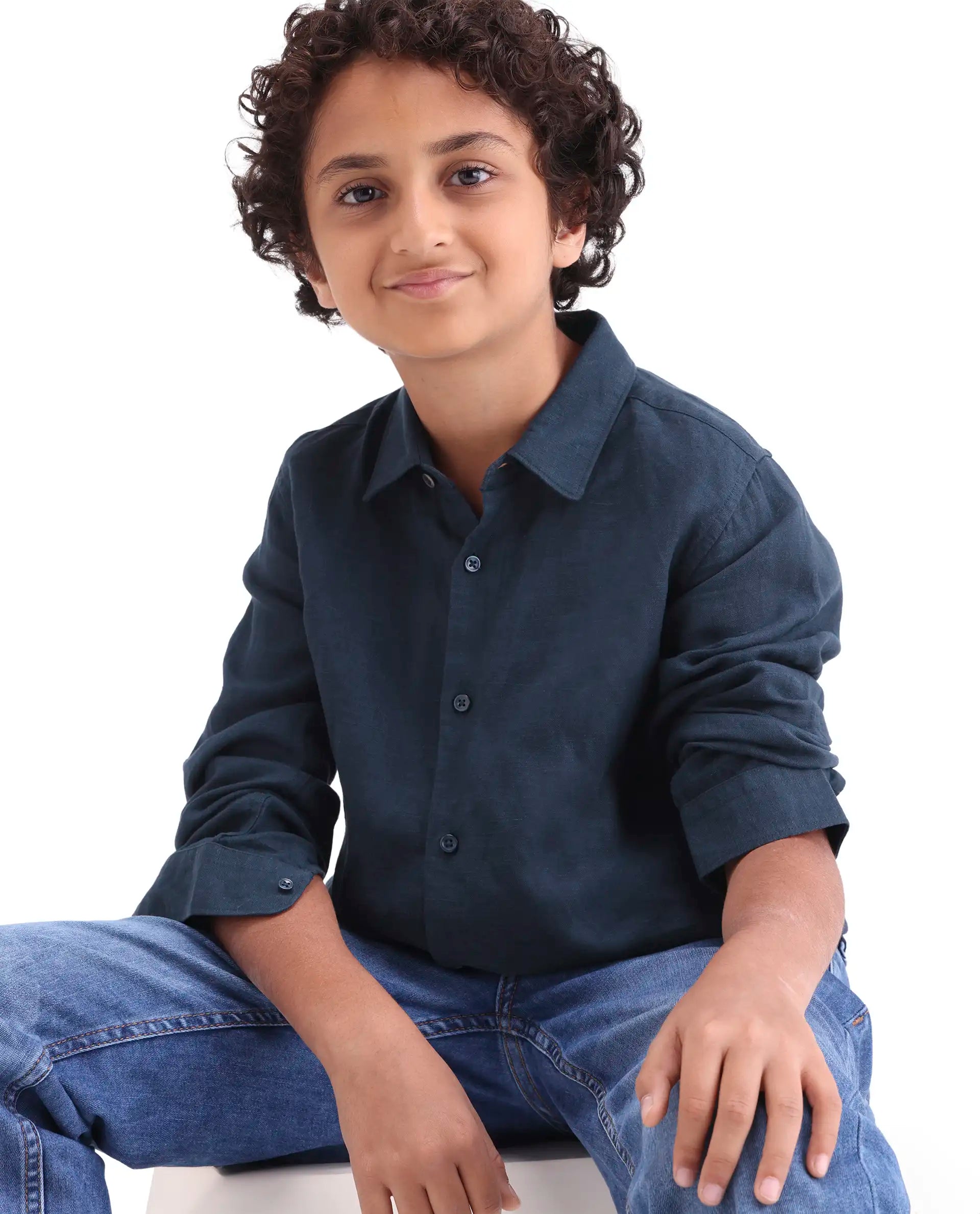 Boys Dark Navy Linen Blend Regular Fit Shirt