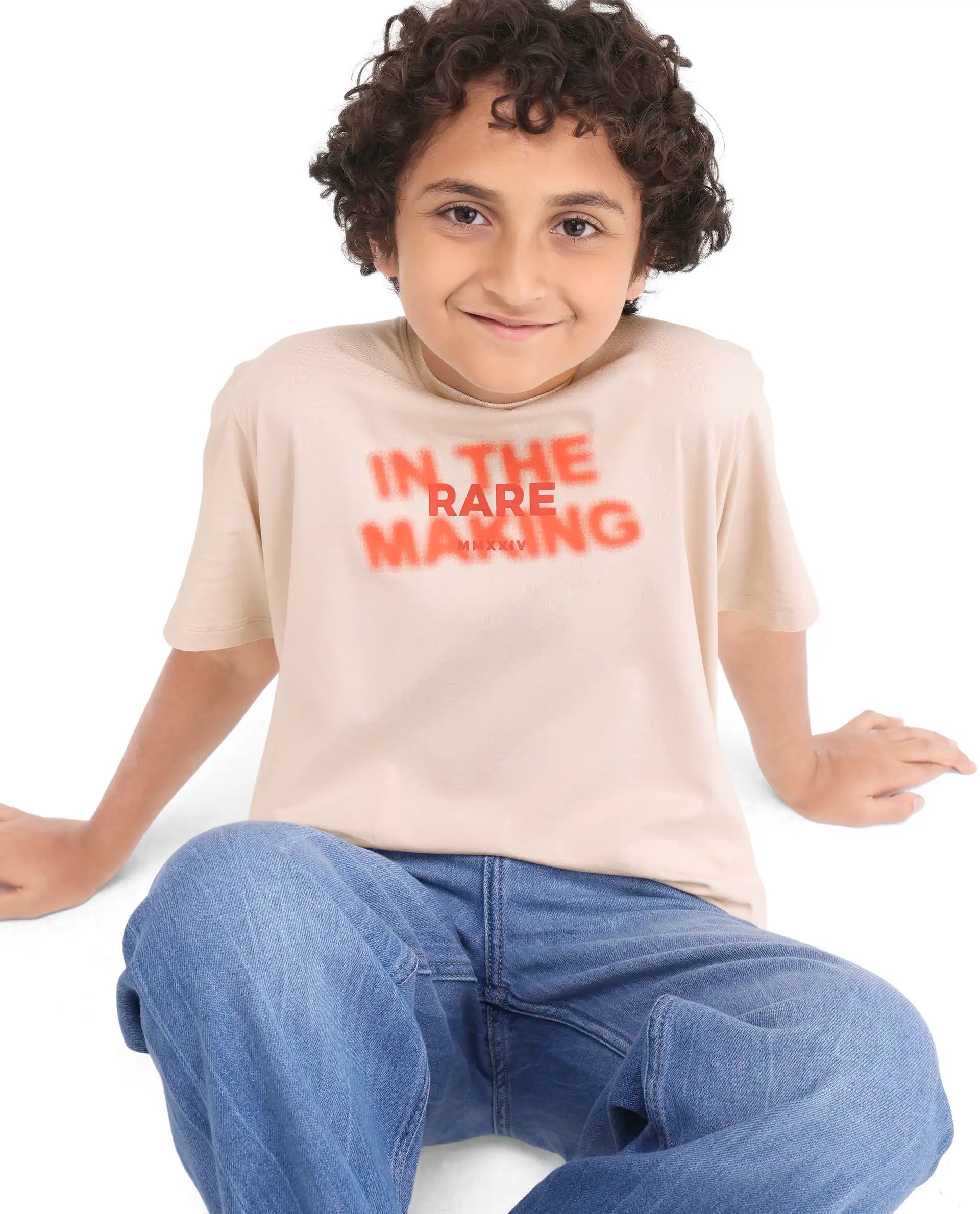 Boys Light Beige HD Print Regular Fit T-Shirt