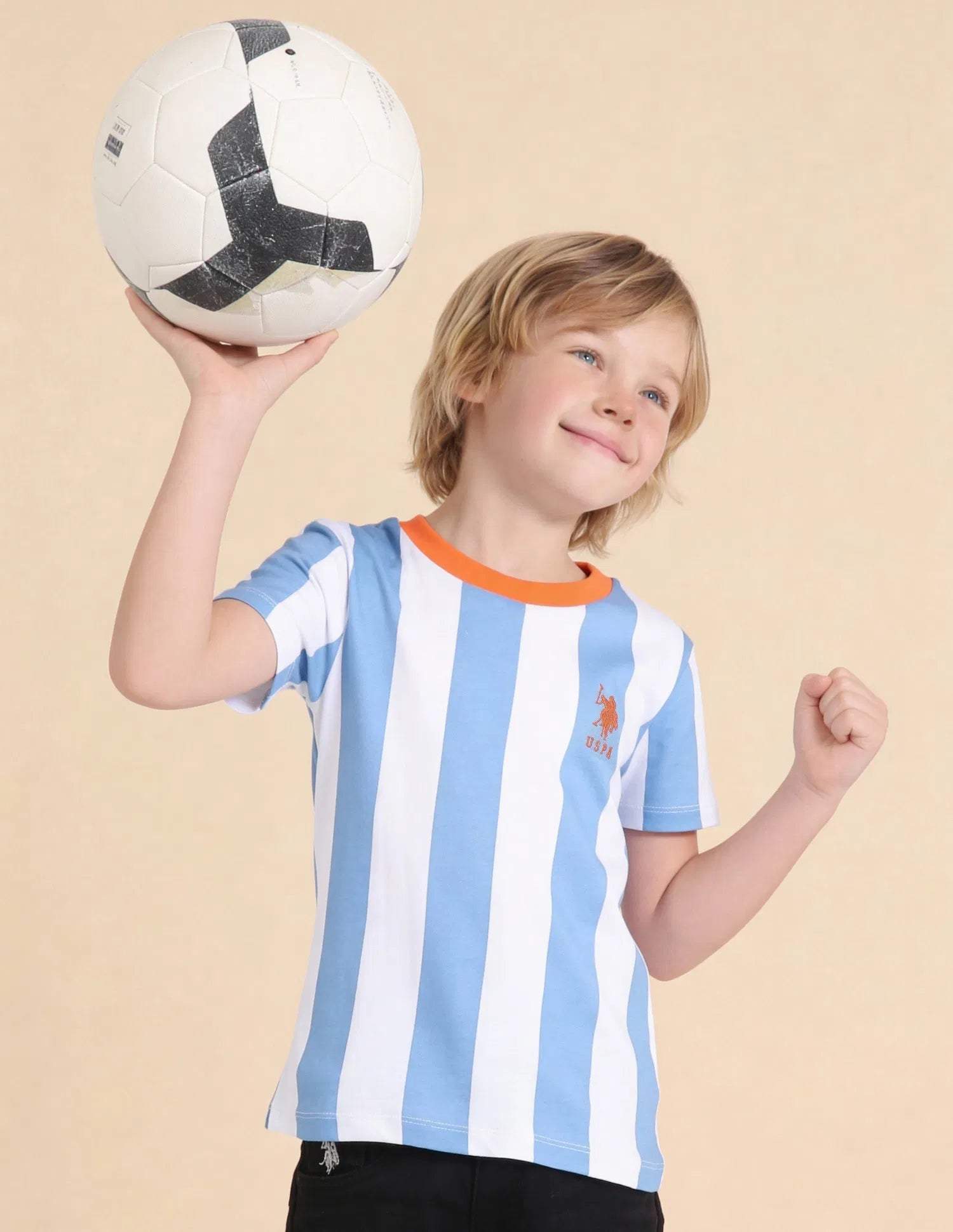 Boys Blue Vertical Striped Cotton T-Shirt – Regular Fit