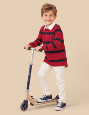 Boys Red Cotton Horizontal Striped Regular Fit Polo Shirt