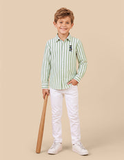 Boys Green Cotton Vertical Striped Oxford Shirt