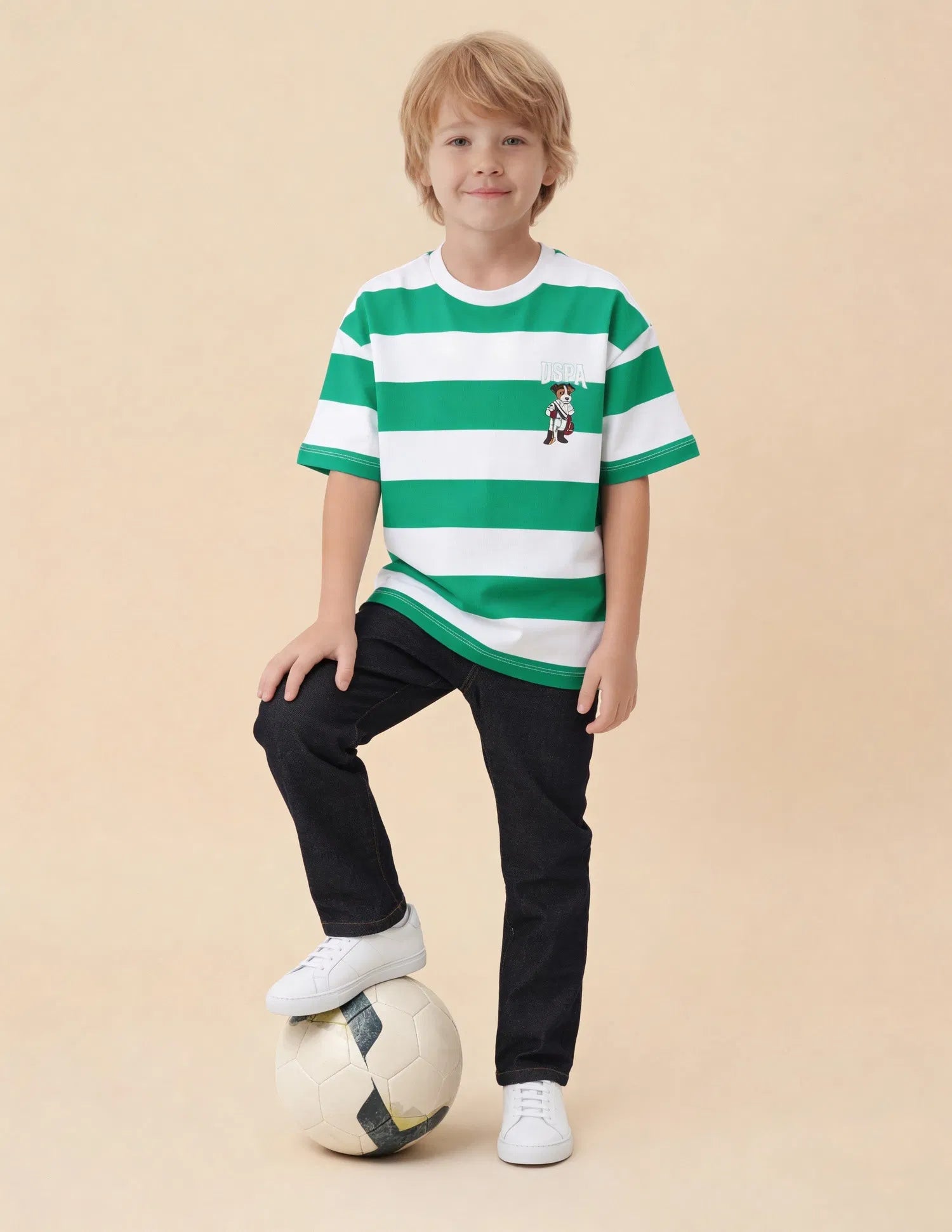 Boys Green Horizontal Striped Cotton T-Shirt – Oversized Fit