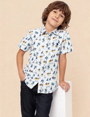 Boys Blue Graphic Printed Cotton Shirt – Regular Fit