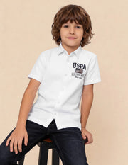 Boys White Logo Appliqued Cotton Textured Shirt – Regular Fit