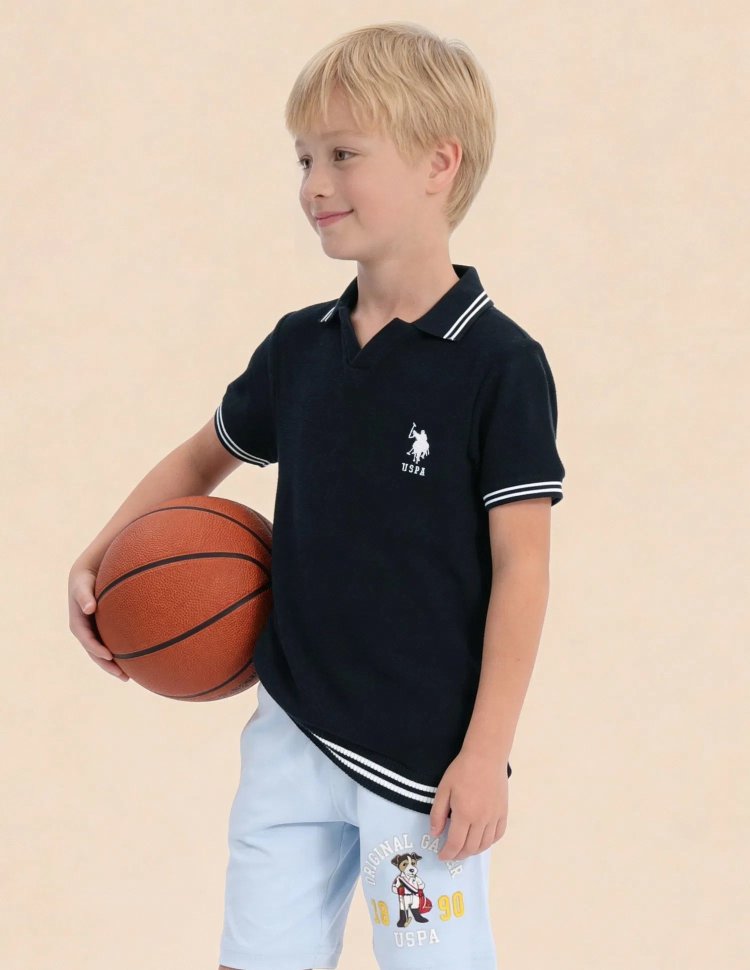 Boys Navy Cotton Typography Print Regular Fit Polo Shirt