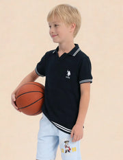Boys Navy Cotton Typography Print Regular Fit Polo Shirt