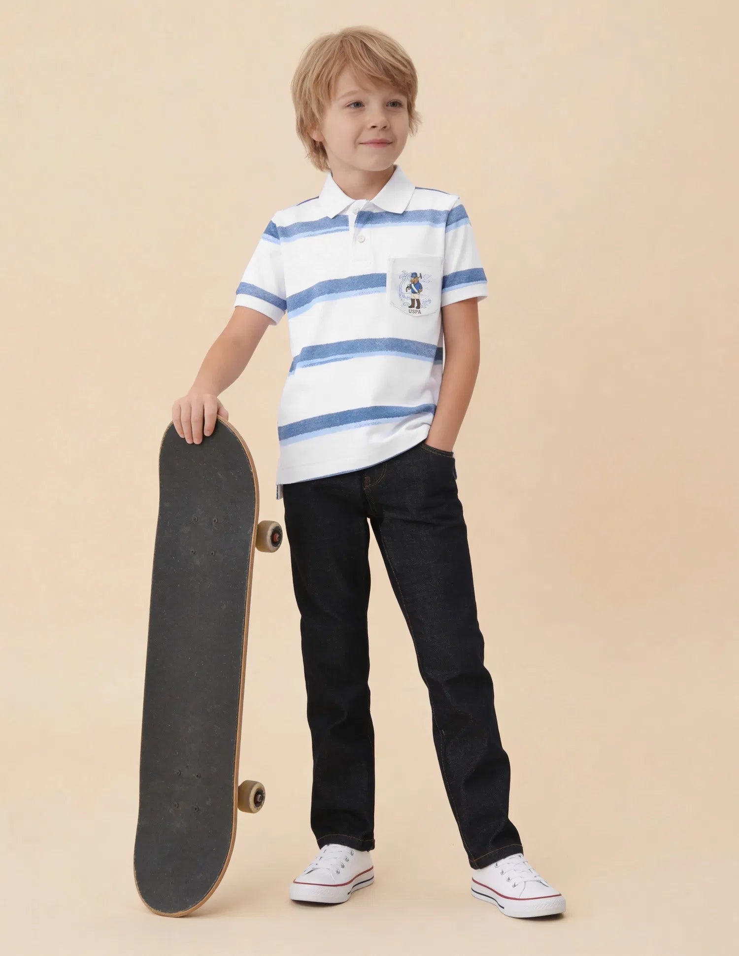 Boys White Cotton Horizontal Striped Regular Fit Polo Shirt