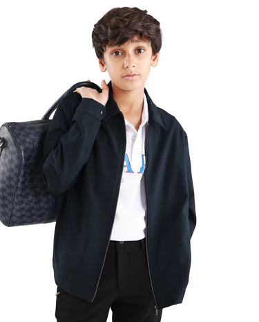 Boys Navy Viscose Blend Zipper Shacket