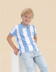 Boys Blue Cotton Vertical Striped Regular Fit Polo Shirt