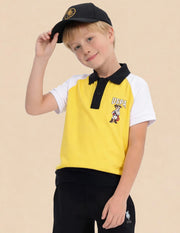 Boys Light Yellow Cotton Colour Block Regular Fit Polo Shirt