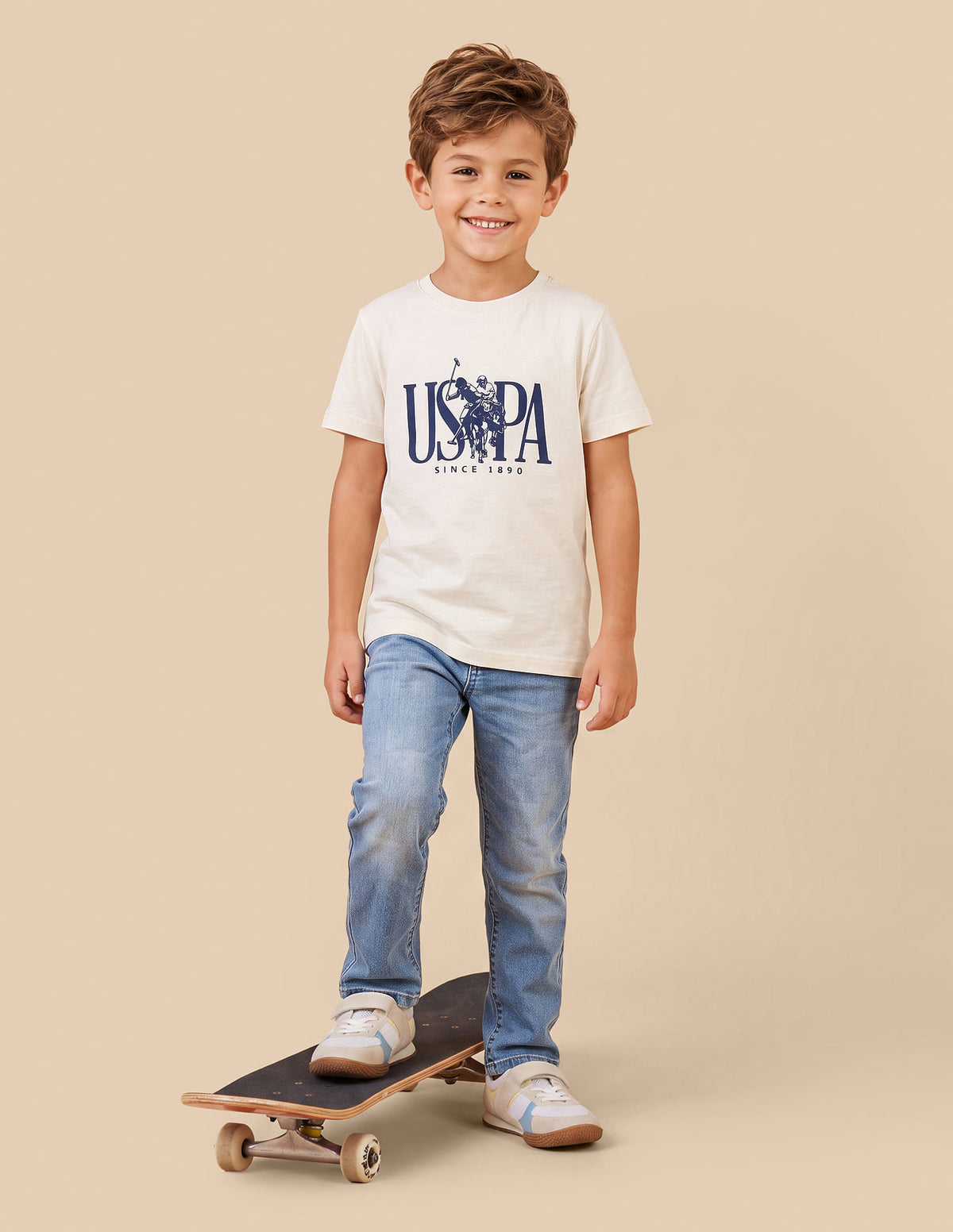 Boys Off White Cotton Logo Print Regular Fit T-Shirt