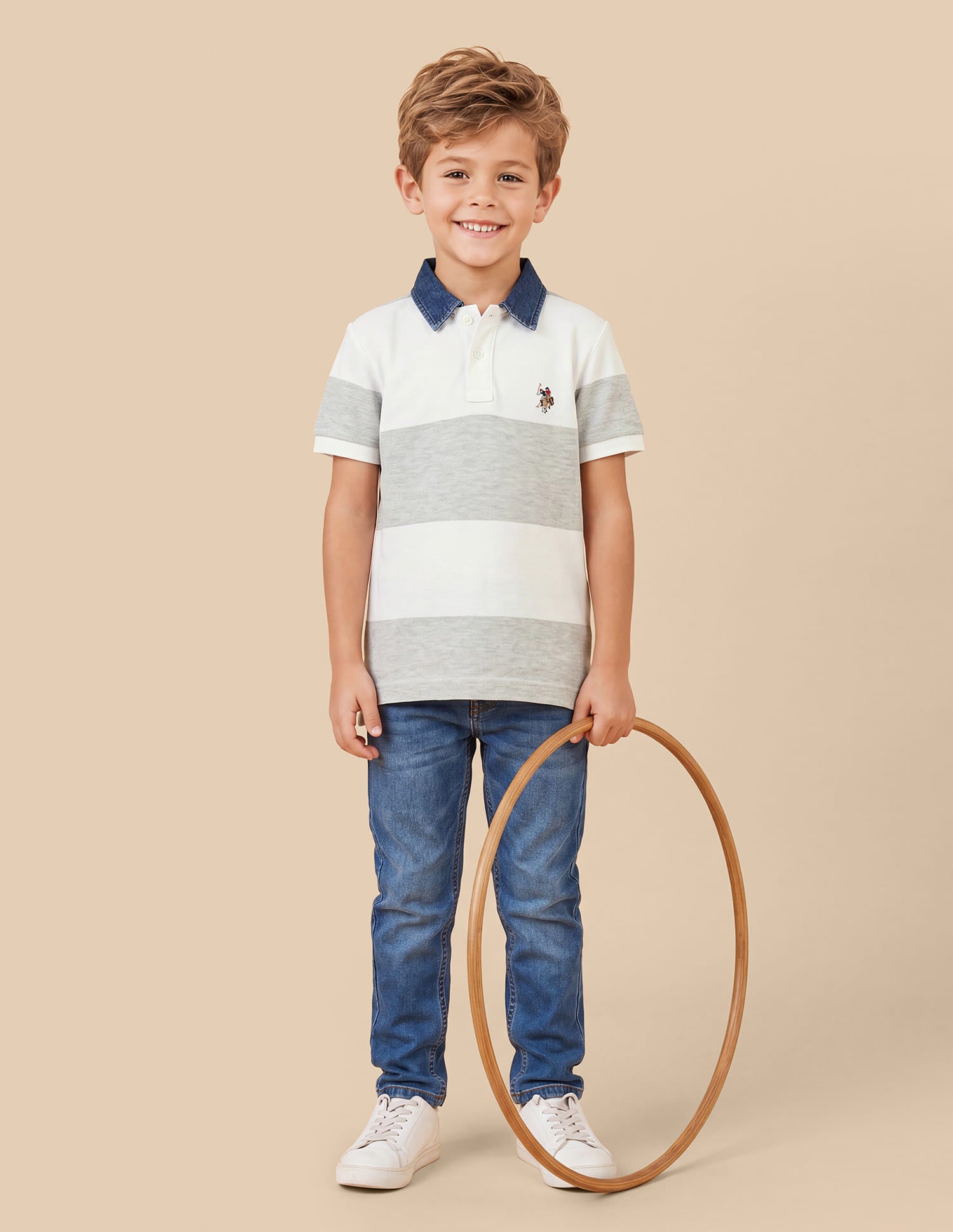 Boys Off White Horizontal Striped Regular-Fit Cotton Polo Shirt