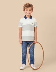 Boys Off White Horizontal Striped Regular-Fit Cotton Polo Shirt