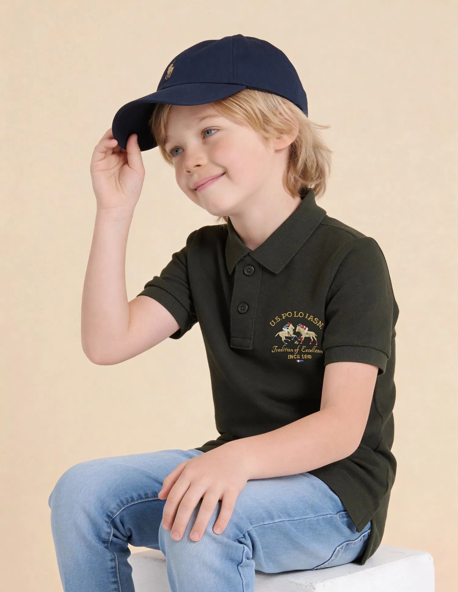 Boys Olive Cotton Embroidered Polo Shirt Regular Fit
