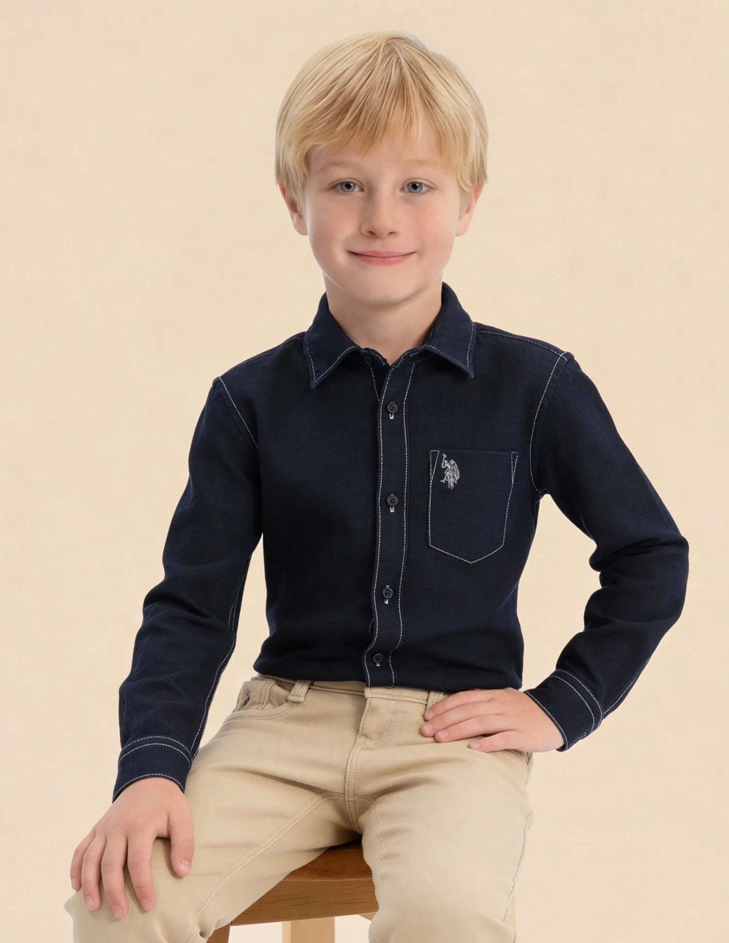 Boys Indigo Cotton Solid Dobby Shirt Regular Fit