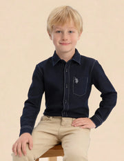 Boys Indigo Cotton Solid Dobby Shirt Regular Fit